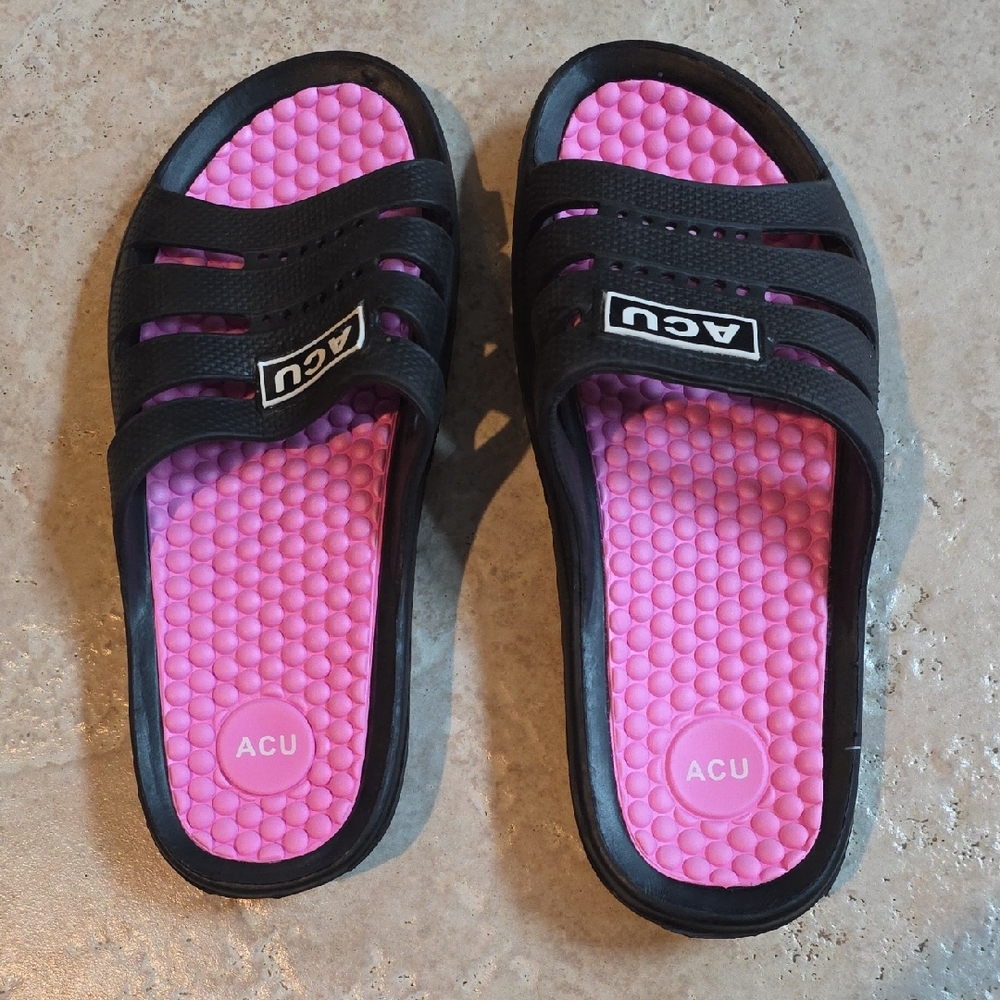 ACU Black Slide Sandals with Pink Massage Footbed